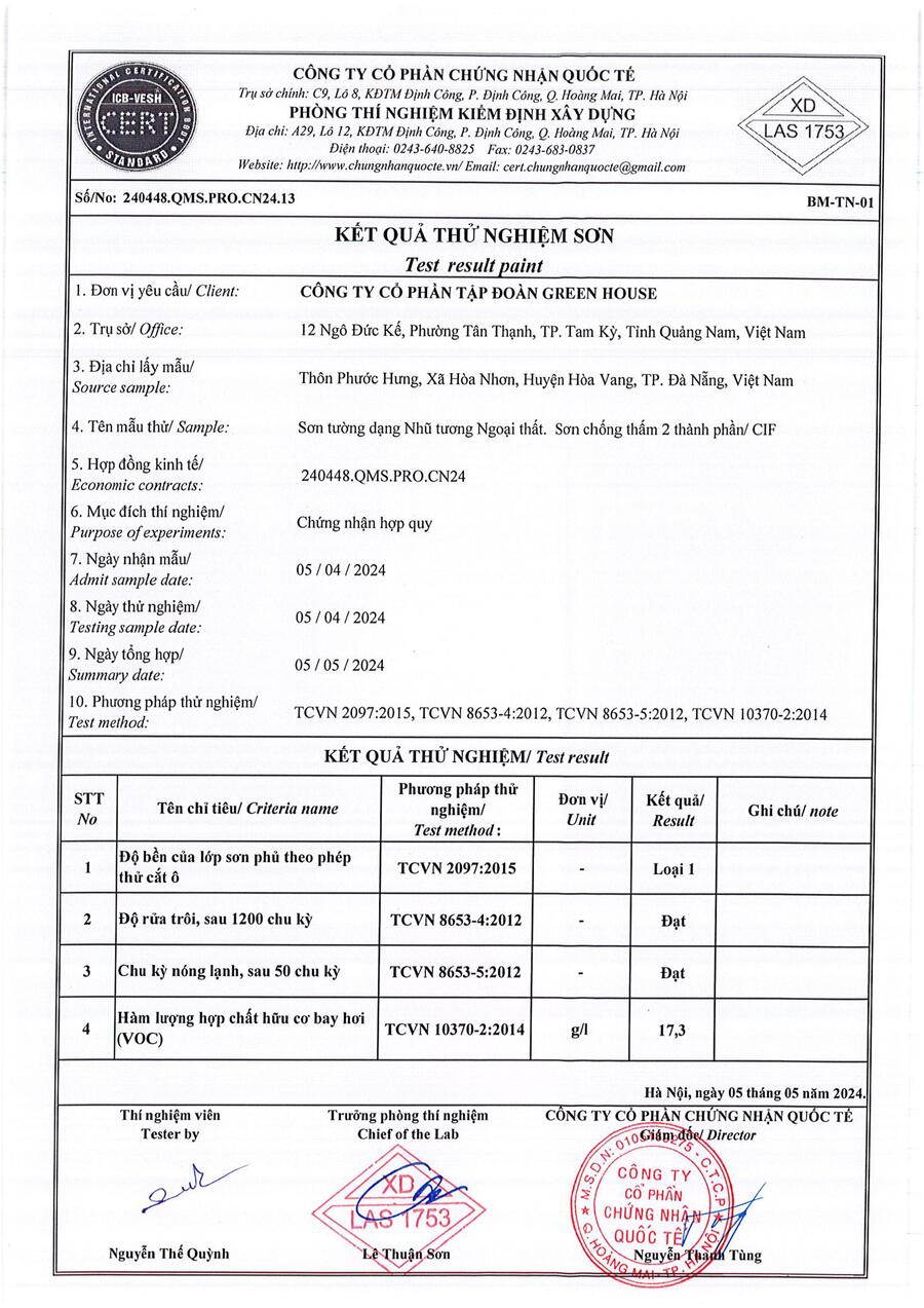 đề thí nghiệm sơn greenhouse